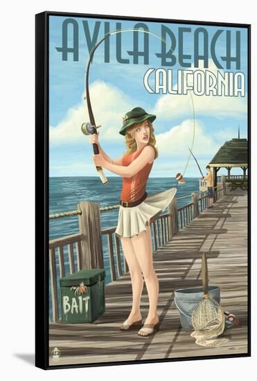 Avila Beach, California - Fishing Pinup Girl-Lantern Press-Framed Stretched Canvas