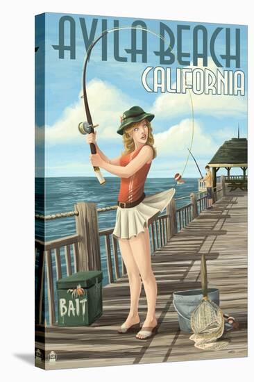 Avila Beach, California - Fishing Pinup Girl-Lantern Press-Stretched Canvas