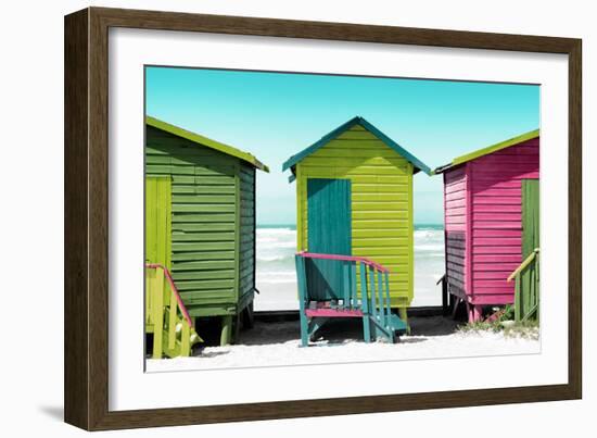 Awesome South Africa Collection - Colorful Beach Huts - Olive Drab & Lime & Hot Pink-Philippe Hugonnard-Framed Photographic Print