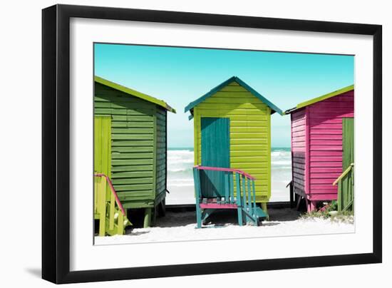 Awesome South Africa Collection - Colorful Beach Huts - Olive Drab & Lime & Hot Pink-Philippe Hugonnard-Framed Photographic Print