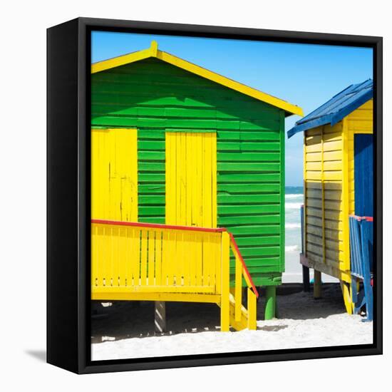 Awesome South Africa Collection Square - Close-Up Colorful Beach Huts - Green & Yellow-Philippe Hugonnard-Framed Stretched Canvas