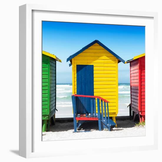 Awesome South Africa Collection Square - Colorful Beach Hut Cape Town - Yellow & Skyblue-Philippe Hugonnard-Framed Photographic Print