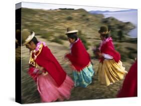 Aymara Women Dance and Spin in Festival of San Andres Celebration, Isla Del Sol, Bolivia-Andrew Watson-Stretched Canvas