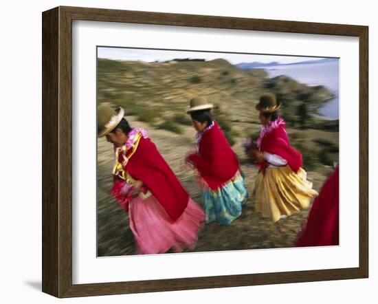 Aymara Women Dance and Spin in Festival of San Andres Celebration, Isla Del Sol, Bolivia-Andrew Watson-Framed Photographic Print