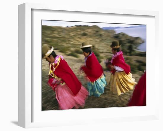 Aymara Women Dance and Spin in Festival of San Andres Celebration, Isla Del Sol, Bolivia-Andrew Watson-Framed Photographic Print