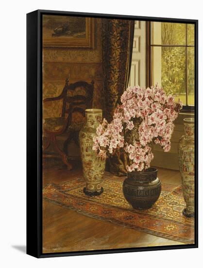 Azalea in a Japanese Bowl, with Chinese Vases on an Oriental Rug, in an Interior-Jessica Hayllar-Framed Stretched Canvas