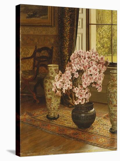 Azalea in a Japanese Bowl, with Chinese Vases on an Oriental Rug, in an Interior-Jessica Hayllar-Stretched Canvas