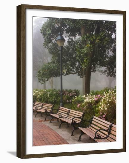 Azaleas Along Brick Sidewalk and Benches at Forsyth Park, Savannah, Georgia, USA-Joanne Wells-Framed Premium Photographic Print