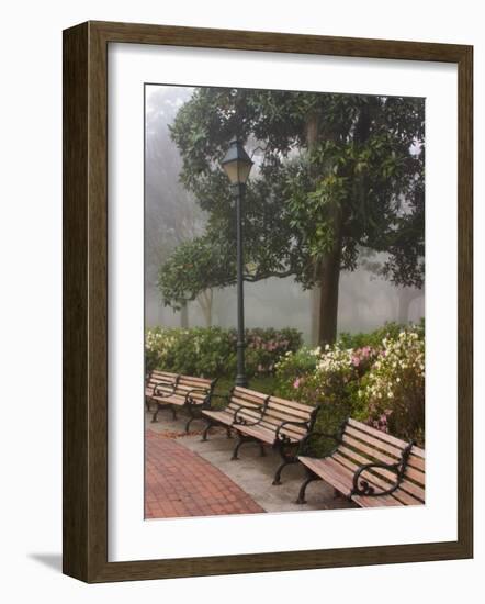 Azaleas Along Brick Sidewalk and Benches at Forsyth Park, Savannah, Georgia, USA-Joanne Wells-Framed Photographic Print