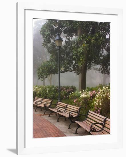 Azaleas Along Brick Sidewalk and Benches at Forsyth Park, Savannah, Georgia, USA-Joanne Wells-Framed Photographic Print