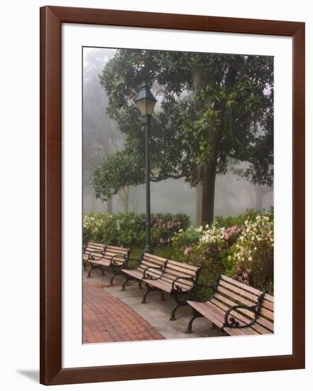 Azaleas Along Brick Sidewalk and Benches at Forsyth Park, Savannah, Georgia, USA-Joanne Wells-Framed Photographic Print