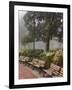 Azaleas Along Brick Sidewalk and Benches at Forsyth Park, Savannah, Georgia, USA-Joanne Wells-Framed Photographic Print