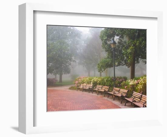 Azaleas Along Brick Sidewalk and Benches at Forsyth Park, Savannah, Georgia, USA-Joanne Wells-Framed Photographic Print