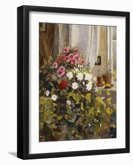 Azaleas, Geraniums, Roses and Other Potted Plants by a Window-Carl Christian Carlsen-Framed Giclee Print