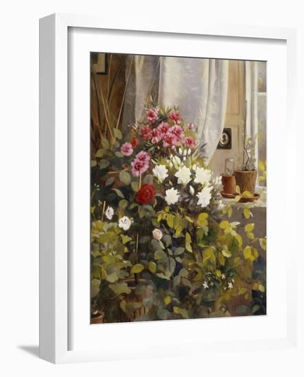 Azaleas, Geraniums, Roses and Other Potted Plants by a Window-Carl Christian Carlsen-Framed Giclee Print