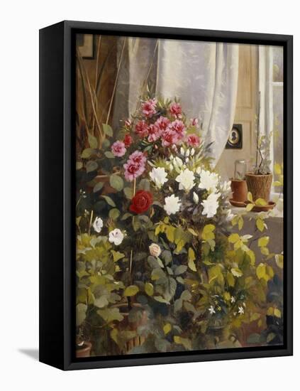 Azaleas, Geraniums, Roses and Other Potted Plants by a Window-Carl Christian Carlsen-Framed Stretched Canvas