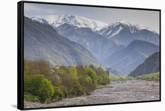 Azerbaijan, Kish. View of the snowcapped Caucasus Mountains.-Walter Bibikow-Framed Stretched Canvas