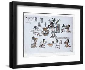 Aztec Pulque Deity Blowing on a Tube Above a Jar of Pulque and Men Drinking Pulque-Aztec-Framed Giclee Print