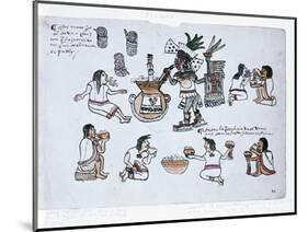 Aztec Pulque Deity Blowing on a Tube Above a Jar of Pulque and Men Drinking Pulque-Aztec-Mounted Giclee Print