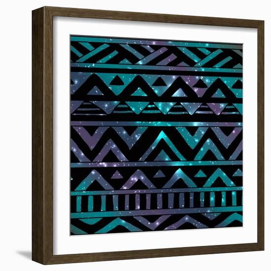 Aztec Tribal Seamless Pattern on Cosmic Background-OliaFedorovsky-Framed Art Print