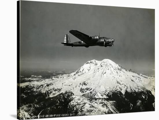 B-17 "Flying Fortess" Bomber over Mt. Rainier, 1938-null-Stretched Canvas