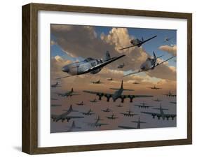 B-17 Flying Fortress Bombers and P-51 Mustangs in Flight-Stocktrek Images-Framed Photographic Print