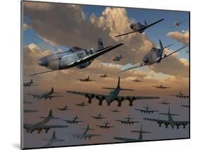 B-17 Flying Fortress Bombers and P-51 Mustangs in Flight-Stocktrek Images-Mounted Photographic Print