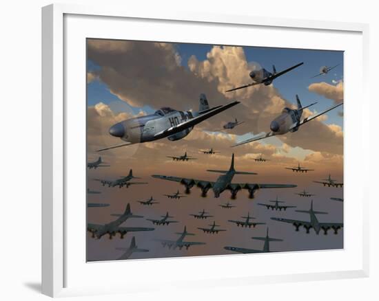 B-17 Flying Fortress Bombers and P-51 Mustangs in Flight-Stocktrek Images-Framed Photographic Print