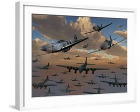 B-17 Flying Fortress Bombers and P-51 Mustangs in Flight-Stocktrek Images-Framed Photographic Print