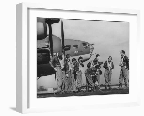 B-17 Flying Fortress Crew of 8th Bomber Command Donning Their Flying Gear Upon Arrival by Jeep-Margaret Bourke-White-Framed Photographic Print