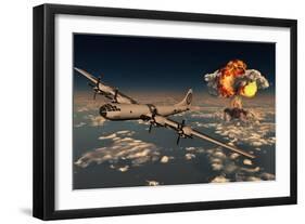 B-29 Superfortress Flying Away from the Explosion of the Atomic Bomb-null-Framed Art Print