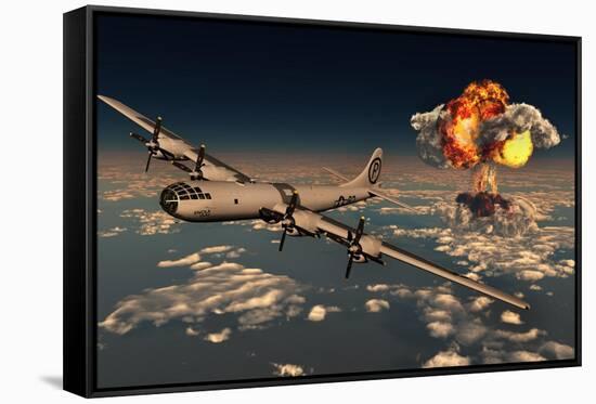 B-29 Superfortress Flying Away from the Explosion of the Atomic Bomb-null-Framed Stretched Canvas