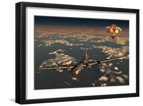 B-29 Superfortress Flying Away from the Explosion of the Atomic Bomb-null-Framed Art Print