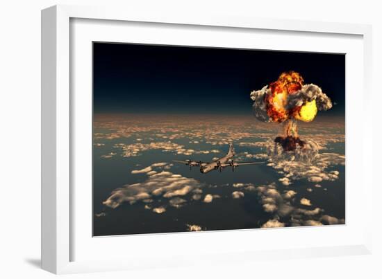 B-29 Superfortress Flying Away from the Explosion of the Atomic Bomb-null-Framed Art Print