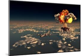 B-29 Superfortress Flying Away from the Explosion of the Atomic Bomb-null-Mounted Art Print