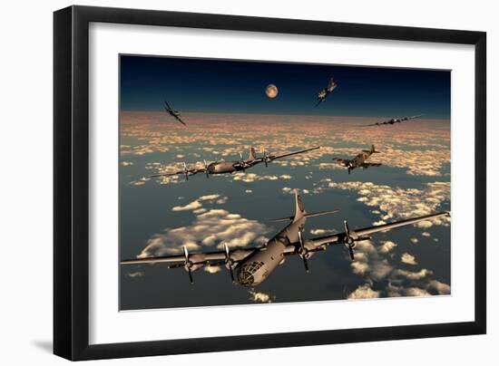 B-29 Superfortress Planes under Attack from Japanese Nakajima Ki-84 Fighter Planes-null-Framed Art Print