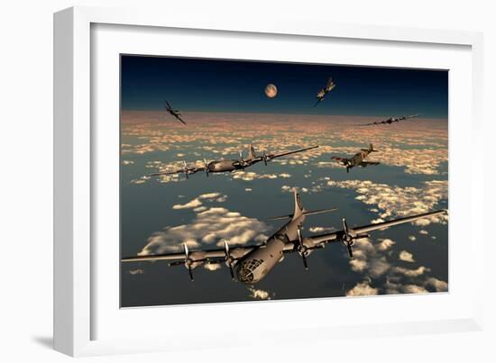 B-29 Superfortress Planes under Attack from Japanese Nakajima Ki-84 Fighter Planes-null-Framed Art Print