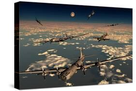 B-29 Superfortress Planes under Attack from Japanese Nakajima Ki-84 Fighter Planes-null-Stretched Canvas