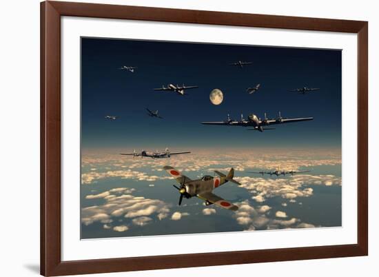 B-29 Superfortress Planes under Attack from Japanese Nakajima Ki-84 Fighter Planes-null-Framed Art Print