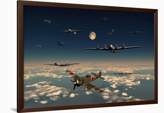 B-29 Superfortress Planes under Attack from Japanese Nakajima Ki-84 Fighter Planes-null-Framed Art Print