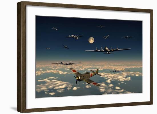 B-29 Superfortress Planes under Attack from Japanese Nakajima Ki-84 Fighter Planes-null-Framed Art Print