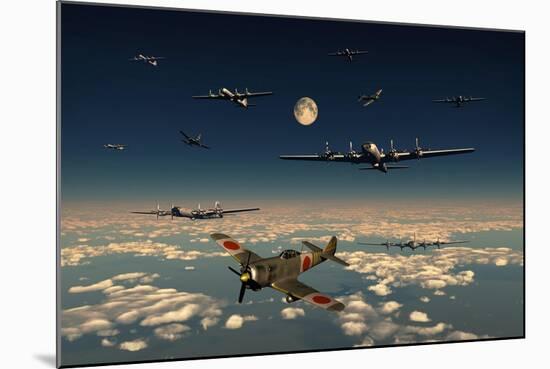 B-29 Superfortress Planes under Attack from Japanese Nakajima Ki-84 Fighter Planes-null-Mounted Art Print