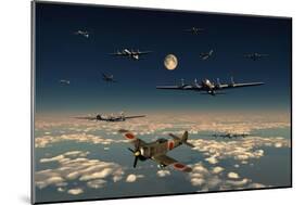 B-29 Superfortress Planes under Attack from Japanese Nakajima Ki-84 Fighter Planes-null-Mounted Art Print