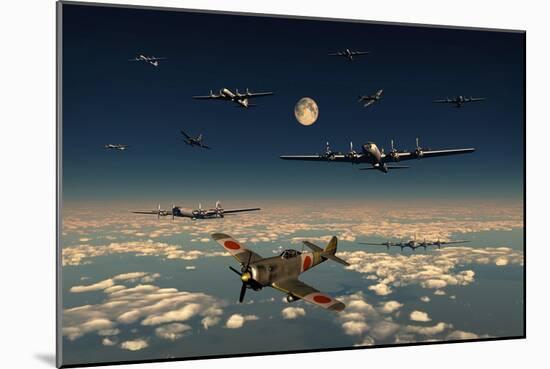 B-29 Superfortress Planes under Attack from Japanese Nakajima Ki-84 Fighter Planes-null-Mounted Premium Giclee Print