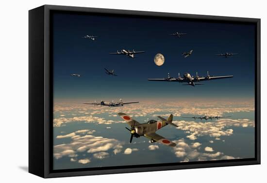 B-29 Superfortress Planes under Attack from Japanese Nakajima Ki-84 Fighter Planes-null-Framed Stretched Canvas