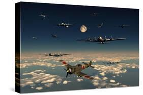 B-29 Superfortress Planes under Attack from Japanese Nakajima Ki-84 Fighter Planes-null-Stretched Canvas