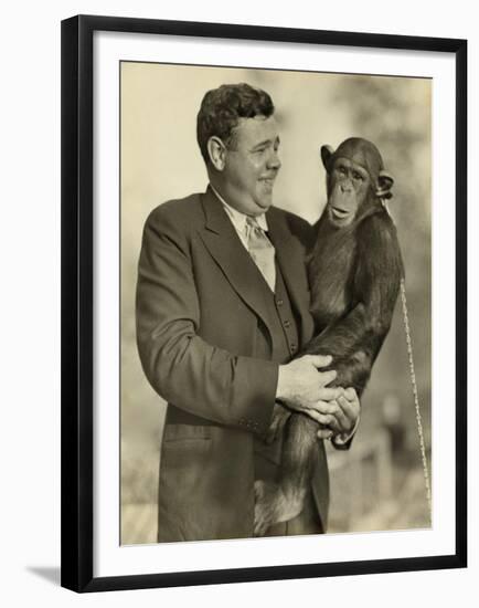 Babe Ruth, Holding Mike, a Chimpanzee at the St. Louis Zoological Park. Oct. 10, 1928-null-Framed Photo