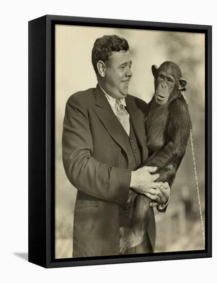 Babe Ruth, Holding Mike, a Chimpanzee at the St. Louis Zoological Park. Oct. 10, 1928-null-Framed Stretched Canvas