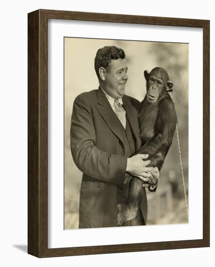 Babe Ruth, Holding Mike, a Chimpanzee at the St. Louis Zoological Park. Oct. 10, 1928-null-Framed Photo