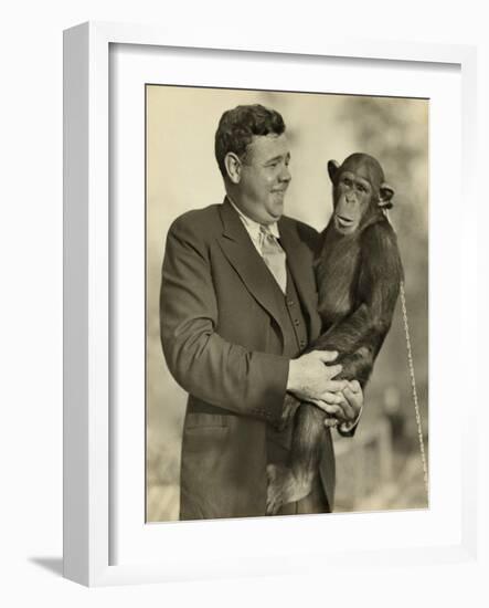 Babe Ruth, Holding Mike, a Chimpanzee at the St. Louis Zoological Park. Oct. 10, 1928-null-Framed Photo